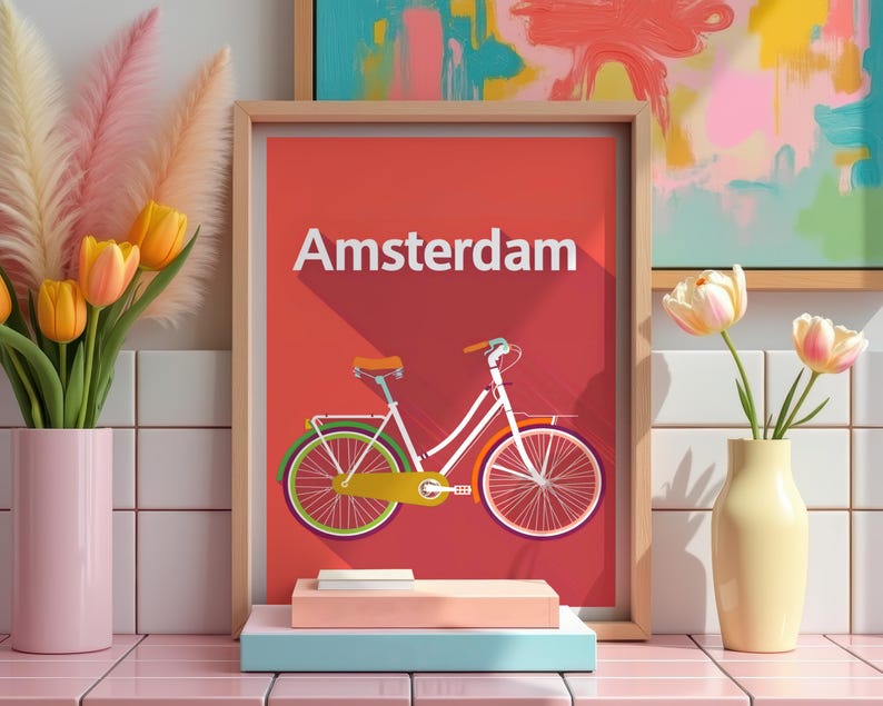 Amsterdam Poster, Netherlands Travel Print, Bicycle Art, Holland Illustration, Europe Poster, Pastel Wall Art, Home Decor, Birthday Gift