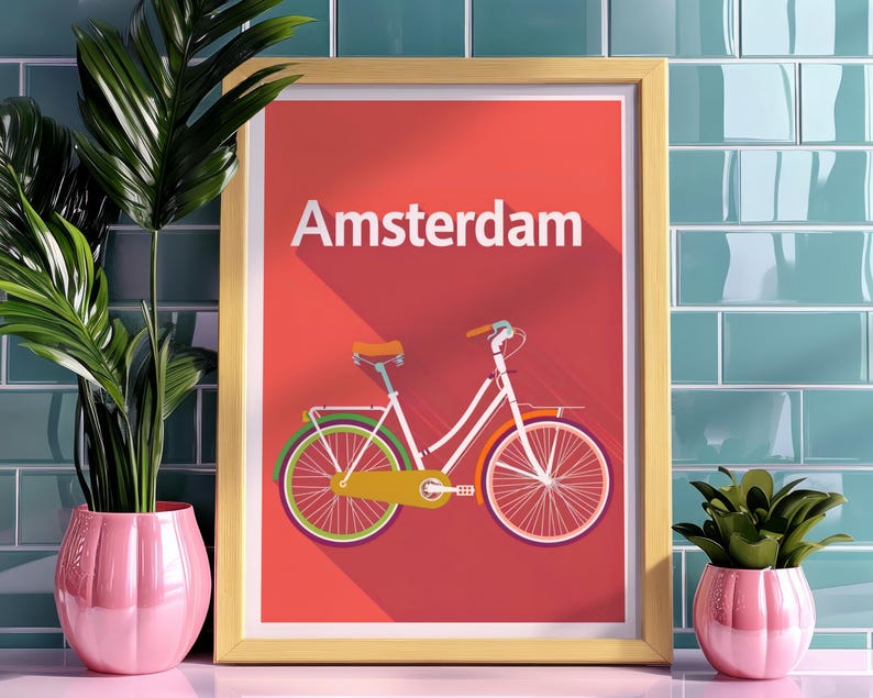 Amsterdam Poster, Netherlands Travel Print, Bicycle Art, Holland Illustration, Europe Poster, Pastel Wall Art, Home Decor, Birthday Gift