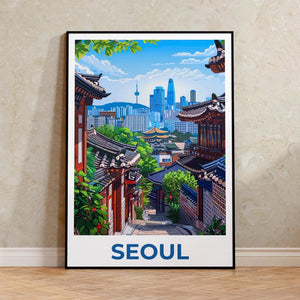 Seoul Poster, South Korea Travel Print, Asia Art, Bukchon Hanok Village Illustration, Scenic Wall Art, Home Decor, Birthday Gift
