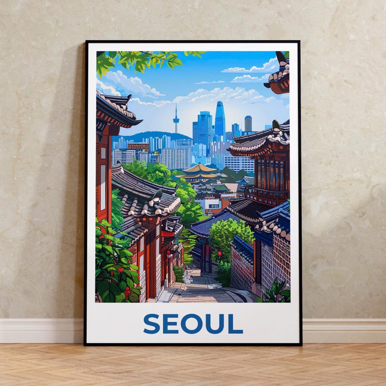 Seoul Poster, South Korea Travel Print, Asia Art, Bukchon Hanok Village Illustration, Scenic Wall Art, Home Decor, Birthday Gift