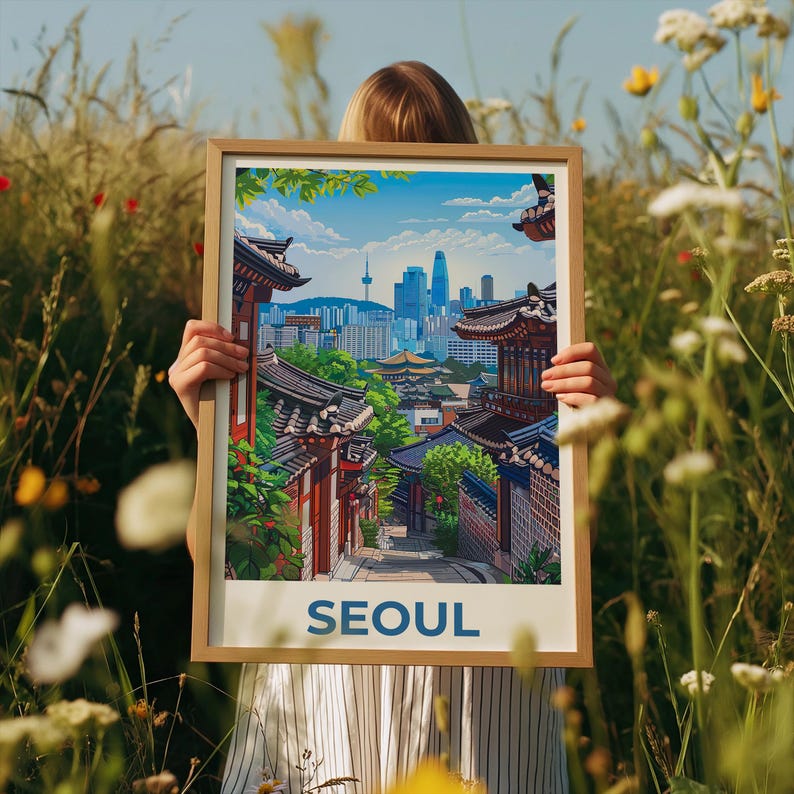 Seoul Poster, South Korea Travel Print, Asia Art, Bukchon Hanok Village Illustration, Scenic Wall Art, Home Decor, Birthday Gift