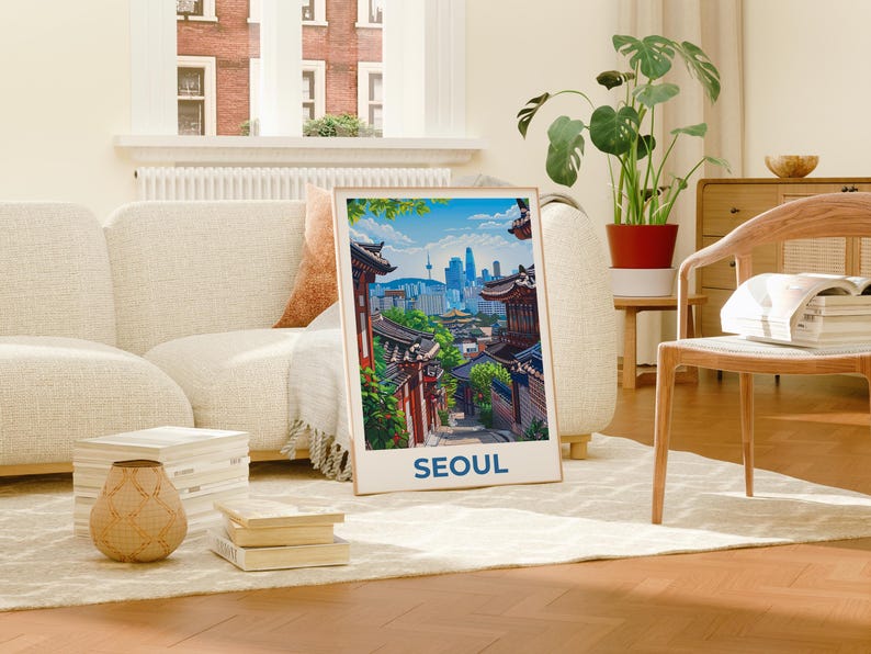 Seoul Poster, South Korea Travel Print, Asia Art, Bukchon Hanok Village Illustration, Scenic Wall Art, Home Decor, Birthday Gift