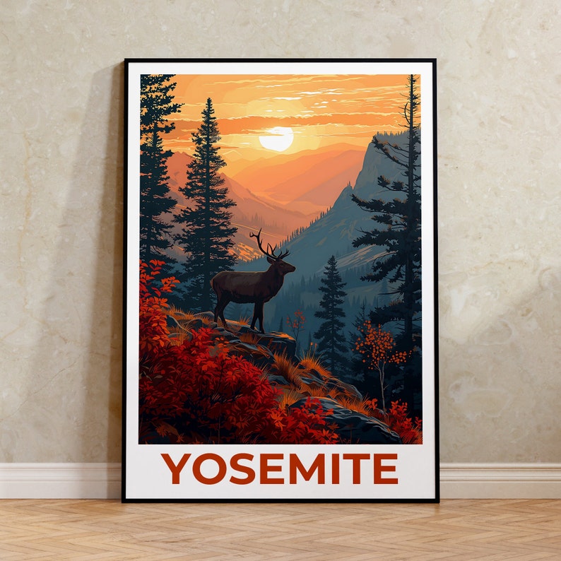 Affiche de voyage Yosemite, art mural de cerf, impression de cerf, affiche de Yosemite, affiche de cerf, affiche de forêt, art de Yosemite