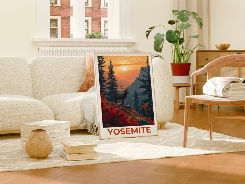 Affiche de voyage Yosemite, art mural de cerf, impression de cerf, affiche de Yosemite, affiche de cerf, affiche de forêt, art de Yosemite
