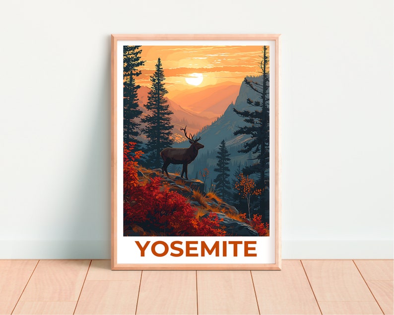 Affiche de voyage Yosemite, art mural de cerf, impression de cerf, affiche de Yosemite, affiche de cerf, affiche de forêt, art de Yosemite