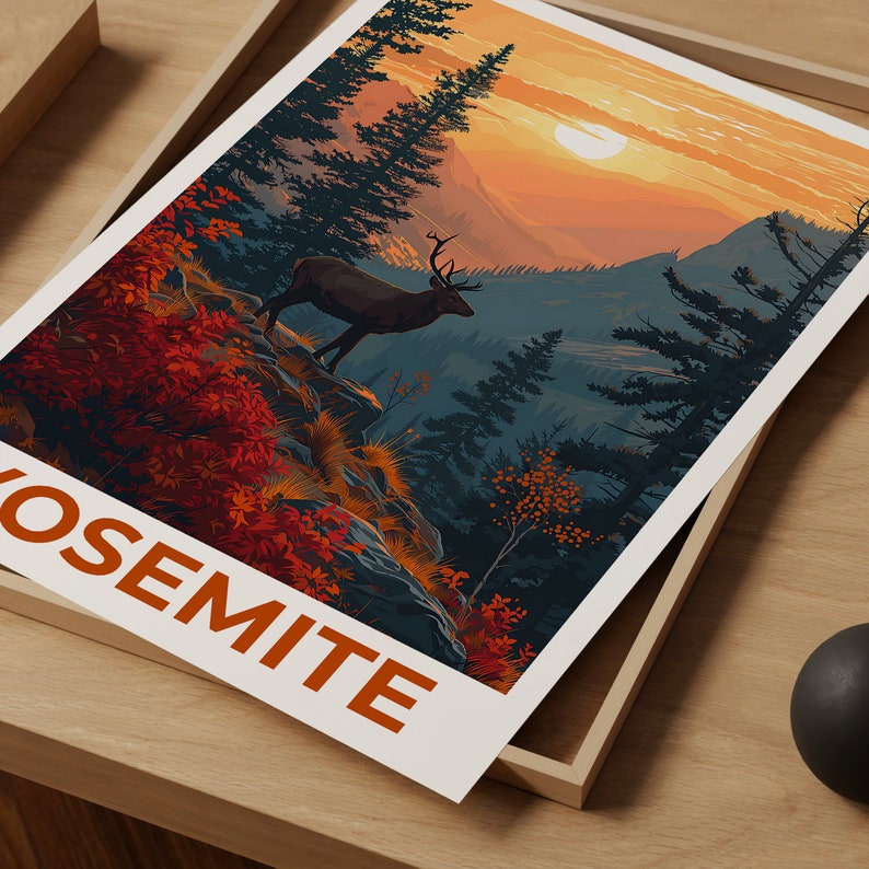 Affiche de voyage Yosemite, art mural de cerf, impression de cerf, affiche de Yosemite, affiche de cerf, affiche de forêt, art de Yosemite