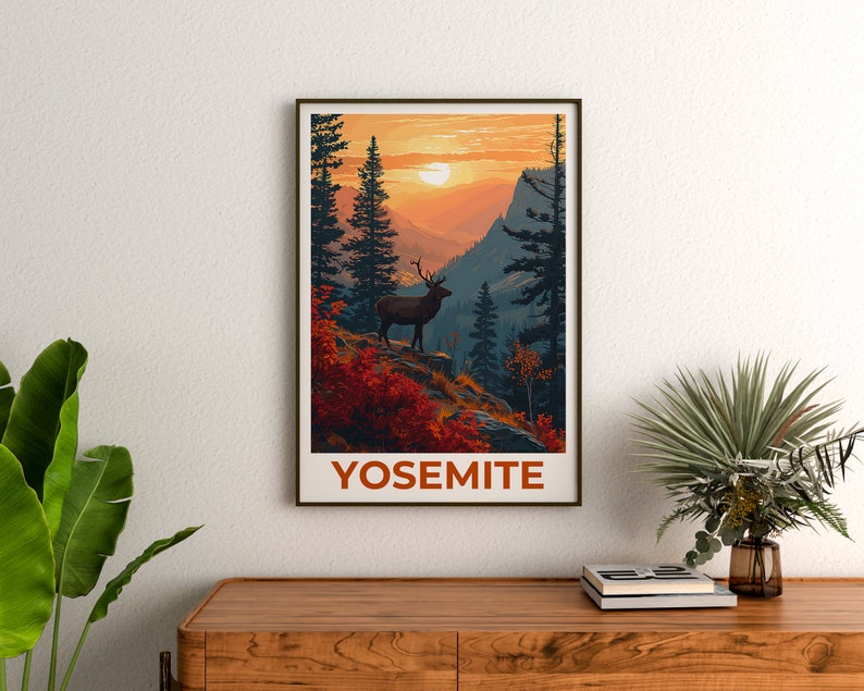 Affiche de voyage Yosemite, art mural de cerf, impression de cerf, affiche de Yosemite, affiche de cerf, affiche de forêt, art de Yosemite