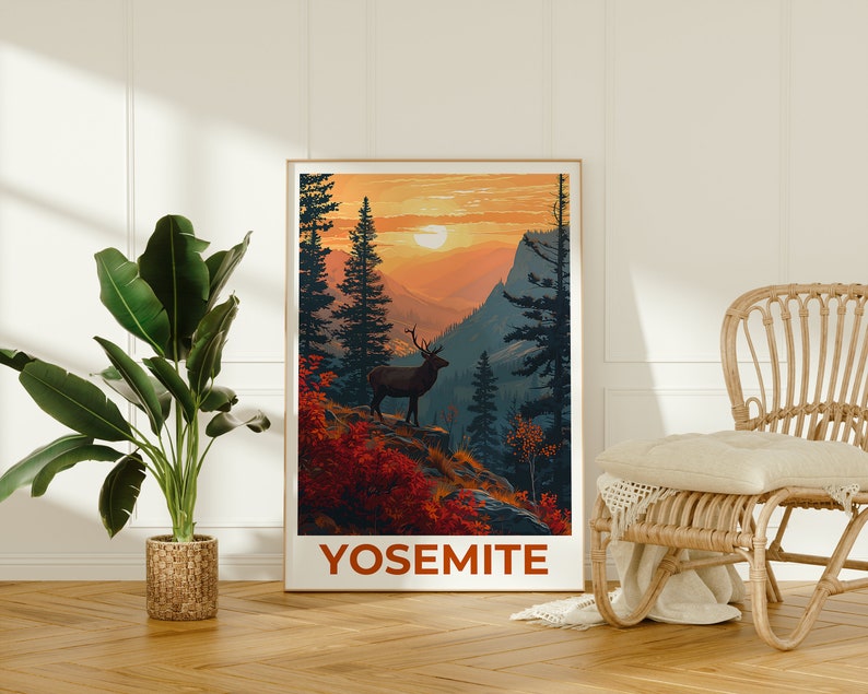 Affiche de voyage Yosemite, art mural de cerf, impression de cerf, affiche de Yosemite, affiche de cerf, affiche de forêt, art de Yosemite