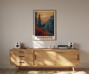 Affiche de voyage Yosemite, art mural de cerf, impression de cerf, affiche de Yosemite, affiche de cerf, affiche de forêt, art de Yosemite