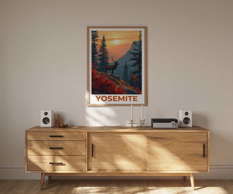Affiche de voyage Yosemite, art mural de cerf, impression de cerf, affiche de Yosemite, affiche de cerf, affiche de forêt, art de Yosemite