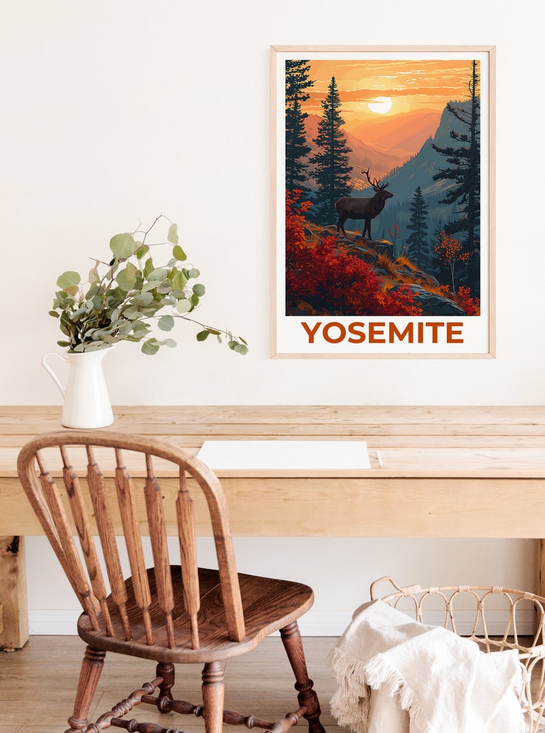 Affiche de voyage Yosemite, art mural de cerf, impression de cerf, affiche de Yosemite, affiche de cerf, affiche de forêt, art de Yosemite