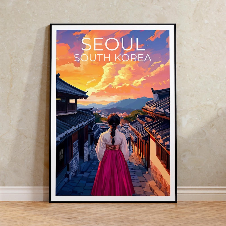Seoul Travel Print, South Korea Poster, Seoul City Wall Art, Hanbok Illustration, Seoul Poster, Home Decor, Birthday Gift