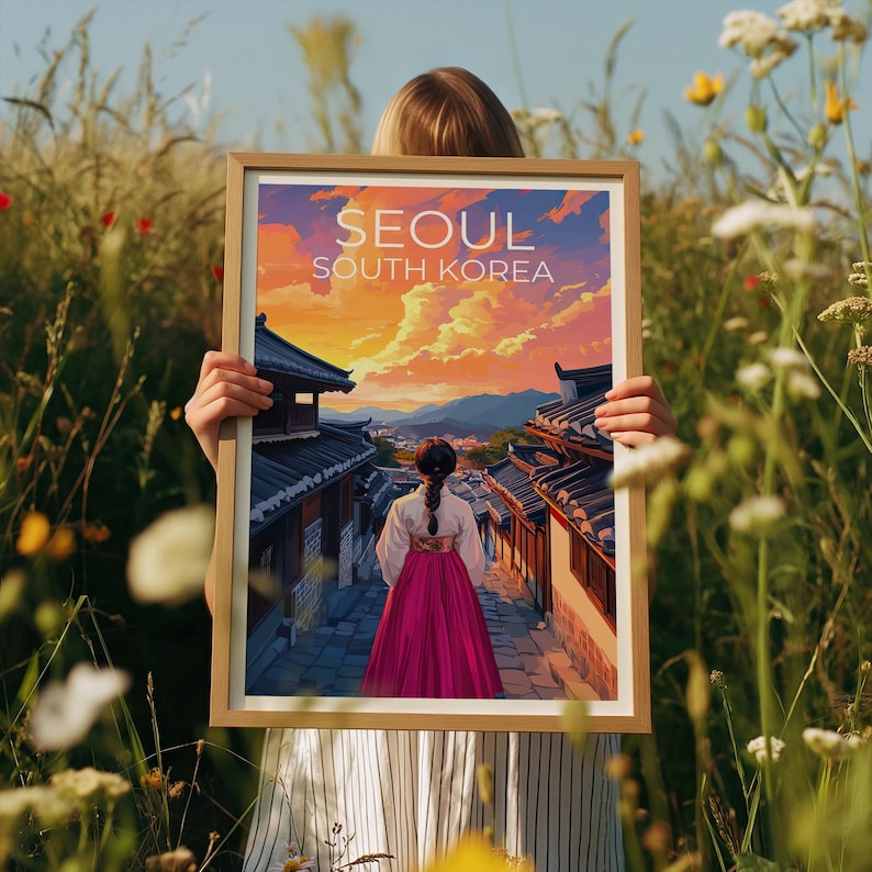 Seoul Travel Print, South Korea Poster, Seoul City Wall Art, Hanbok Illustration, Seoul Poster, Home Decor, Birthday Gift