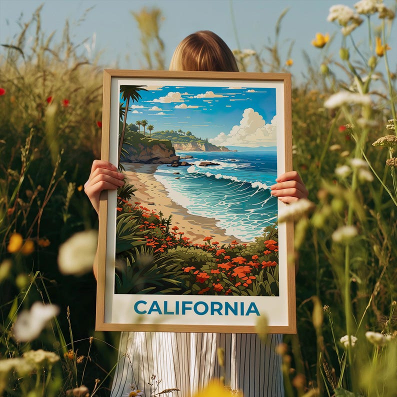 California Travel Print Beach Poster Coastal Wall Art Waves Illustration California Poster Home Decor Birthday Gift