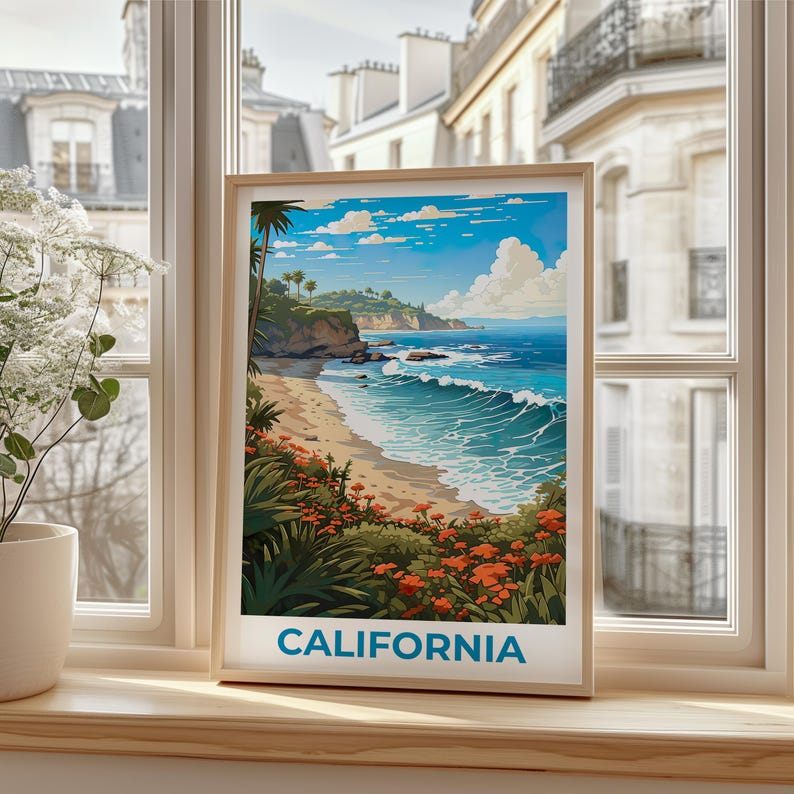 California Travel Print Beach Poster Coastal Wall Art Waves Illustration California Poster Home Decor Birthday Gift