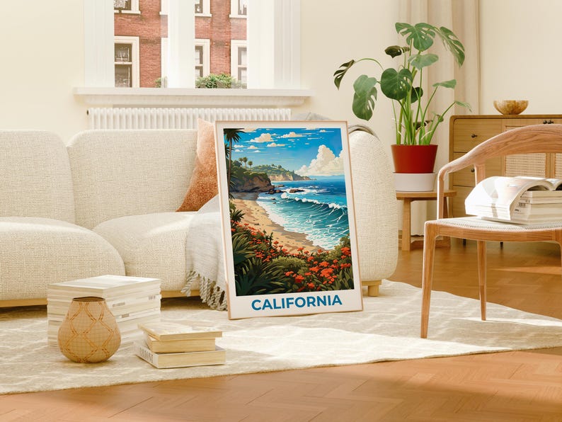 California Travel Print Beach Poster Coastal Wall Art Waves Illustration California Poster Home Decor Birthday Gift
