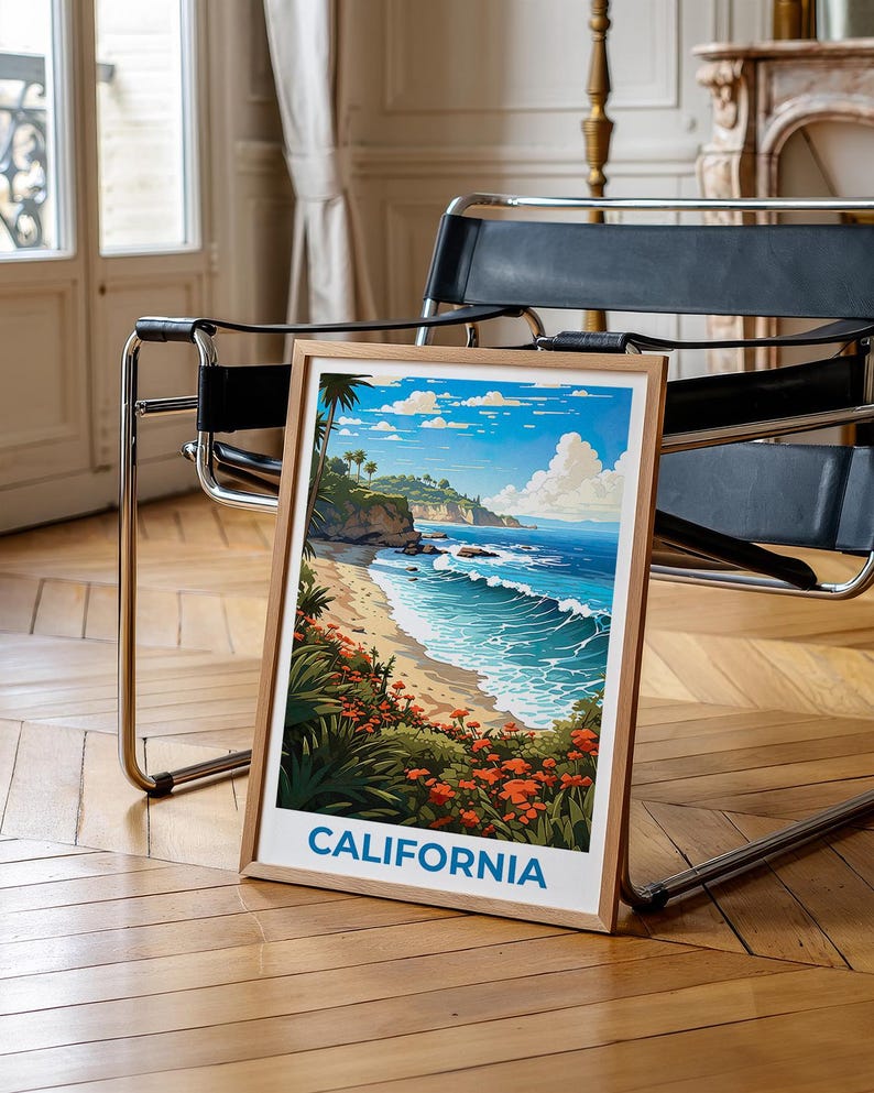 California Travel Print Beach Poster Coastal Wall Art Waves Illustration California Poster Home Decor Birthday Gift