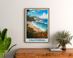 California Travel Print Beach Poster Coastal Wall Art Waves Illustration California Poster Home Decor Birthday Gift