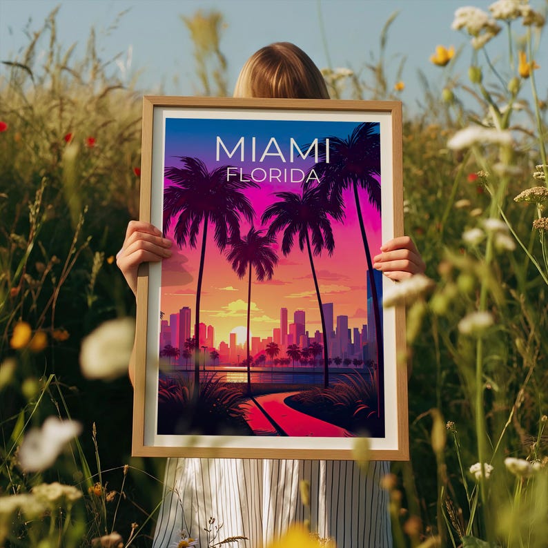 Miami Travel Print Florida Poster Tropical  Wall Art South Beach Illustration Miami Poster Home Decor Birthday Gift