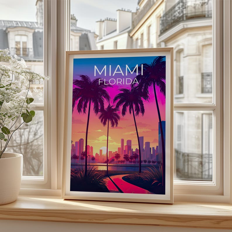 Miami Travel Print Florida Poster Tropical  Wall Art South Beach Illustration Miami Poster Home Decor Birthday Gift