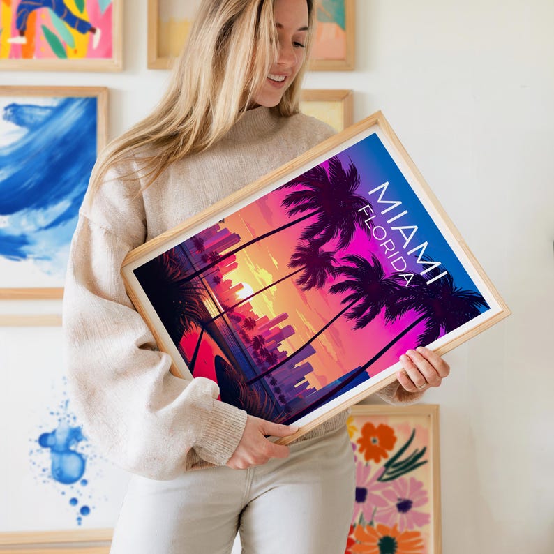 Miami Travel Print Florida Poster Tropical  Wall Art South Beach Illustration Miami Poster Home Decor Birthday Gift