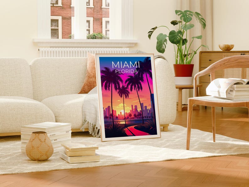 Miami Travel Print Florida Poster Tropical  Wall Art South Beach Illustration Miami Poster Home Decor Birthday Gift