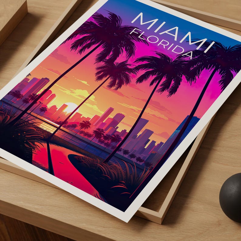 Miami Travel Print Florida Poster Tropical  Wall Art South Beach Illustration Miami Poster Home Decor Birthday Gift