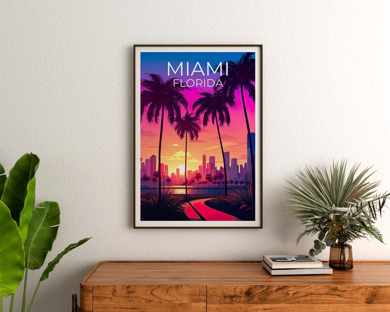 Miami Travel Print Florida Poster Tropical  Wall Art South Beach Illustration Miami Poster Home Decor Birthday Gift