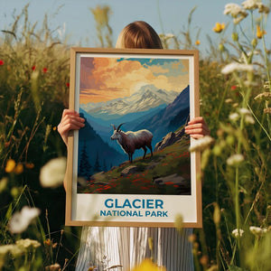 Glacier National Park Travel Print Montana Poster Goat Wall Art Mountain Illustration Glacier Park Poster Home Decor Birthday Gift