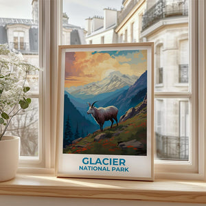 Glacier National Park Travel Print Montana Poster Goat Wall Art Mountain Illustration Glacier Park Poster Home Decor Birthday Gift