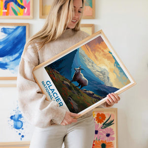 Glacier National Park Travel Print Montana Poster Goat Wall Art Mountain Illustration Glacier Park Poster Home Decor Birthday Gift