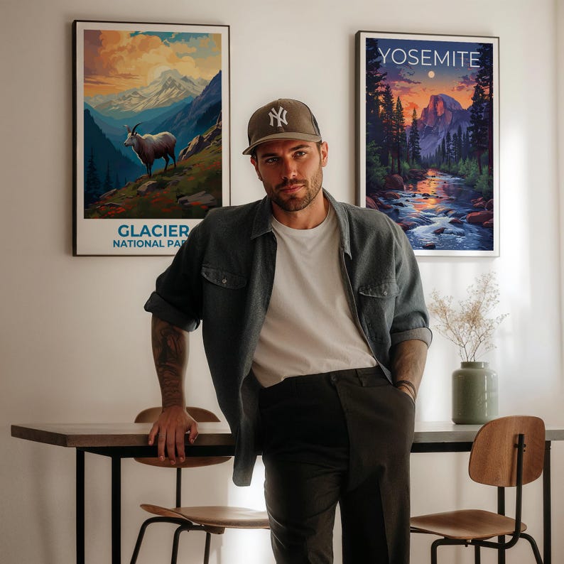 Glacier National Park Travel Print Montana Poster Goat Wall Art Mountain Illustration Glacier Park Poster Home Decor Birthday Gift