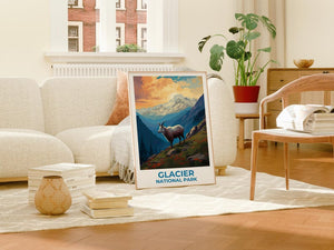 Glacier National Park Travel Print Montana Poster Goat Wall Art Mountain Illustration Glacier Park Poster Home Decor Birthday Gift