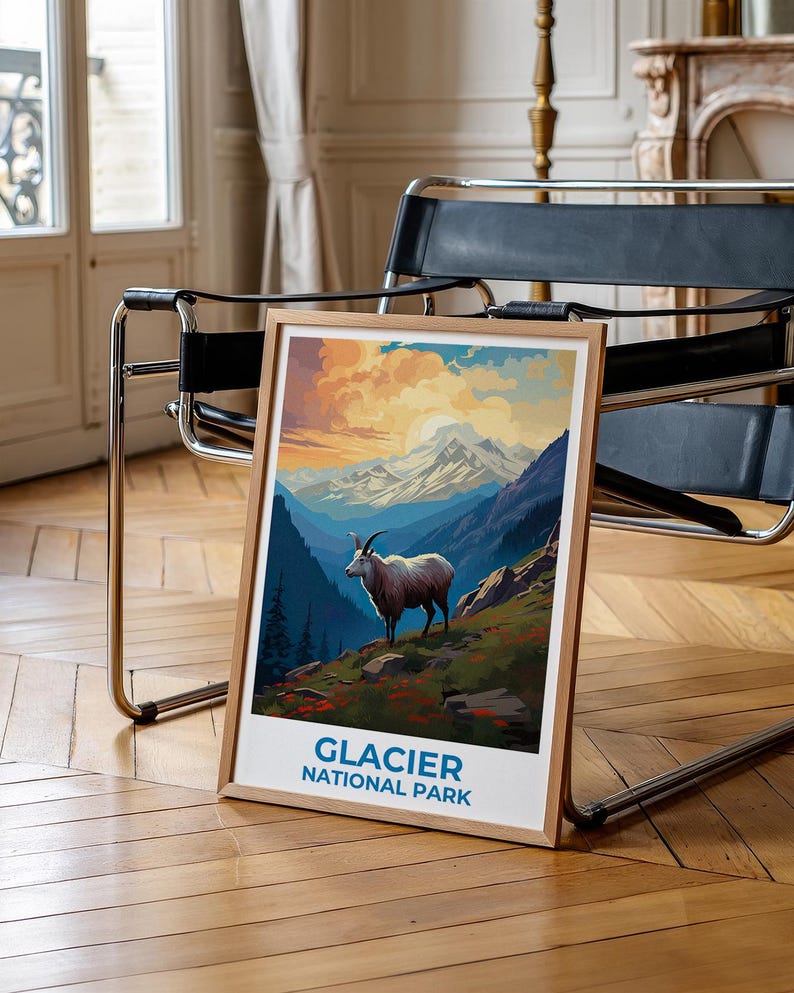Glacier National Park Travel Print Montana Poster Goat Wall Art Mountain Illustration Glacier Park Poster Home Decor Birthday Gift