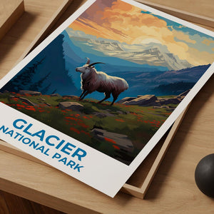Glacier National Park Travel Print Montana Poster Goat Wall Art Mountain Illustration Glacier Park Poster Home Decor Birthday Gift