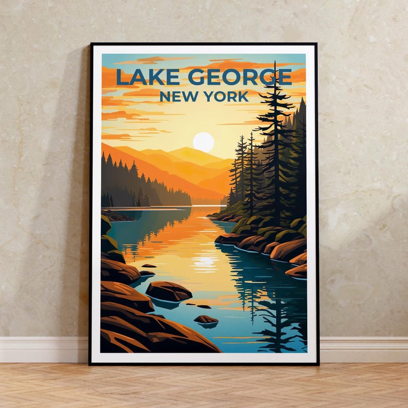 Lake George Travel Print, New York Poster, Forest Wall Art, Mountain Illustration, Lake George Poster, Home Decor, Birthday Gift