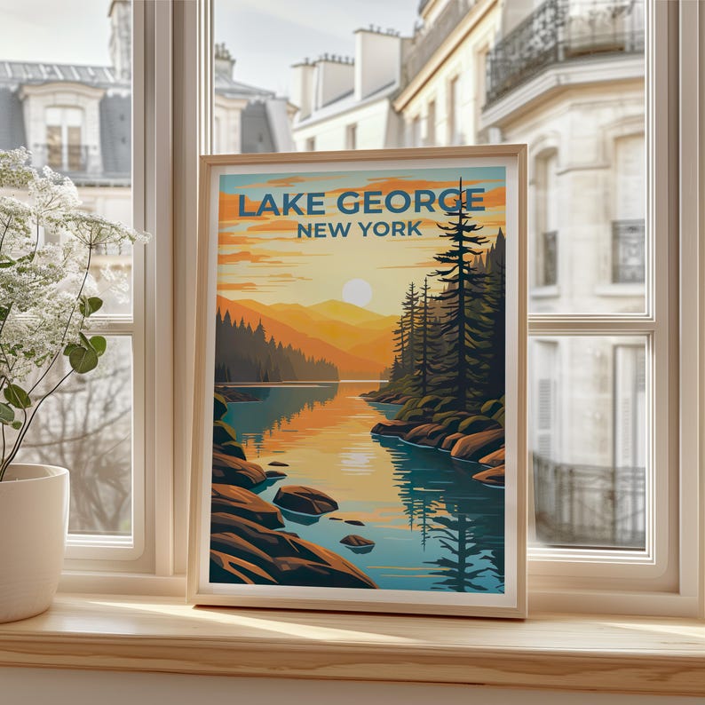 Lake George Travel Print, New York Poster, Forest Wall Art, Mountain Illustration, Lake George Poster, Home Decor, Birthday Gift