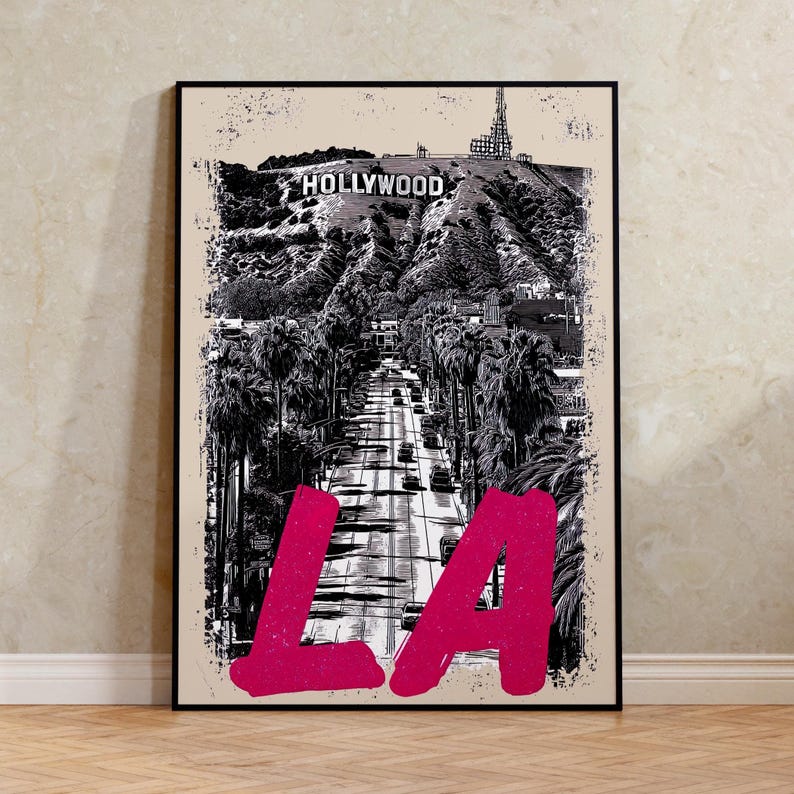 Los Angeles Poster, California Travel Print, Art, Hollywood Sign Illustration, Cityscape Poster, Scenic Wall Art, Home Decor, Birthday Gift
