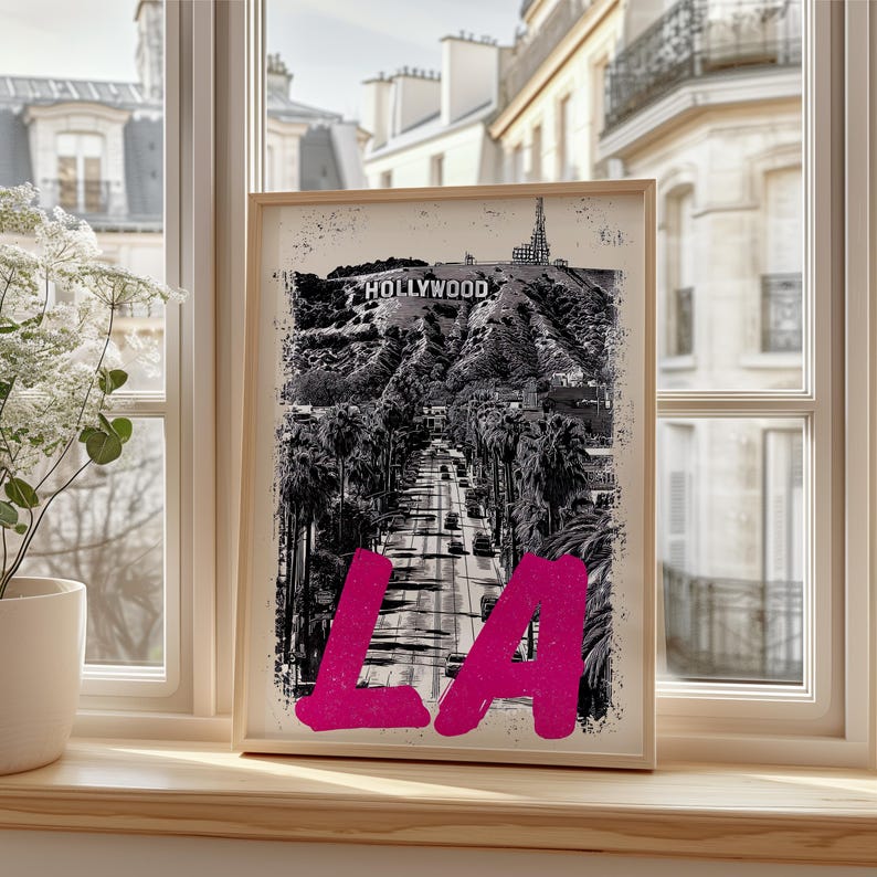 Los Angeles Poster, California Travel Print, Art, Hollywood Sign Illustration, Cityscape Poster, Scenic Wall Art, Home Decor, Birthday Gift