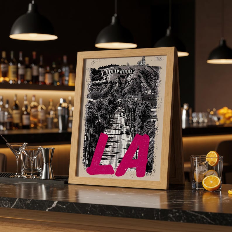 Los Angeles Poster, California Travel Print, Art, Hollywood Sign Illustration, Cityscape Poster, Scenic Wall Art, Home Decor, Birthday Gift