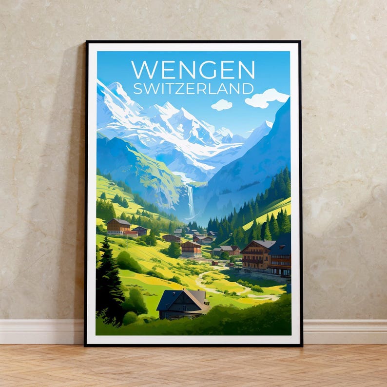 Wengen Travel Print Switzerland Poster Swiss Alps Wall Art Mountain Illustration Wengen Poster Home Decor Birthday Gift