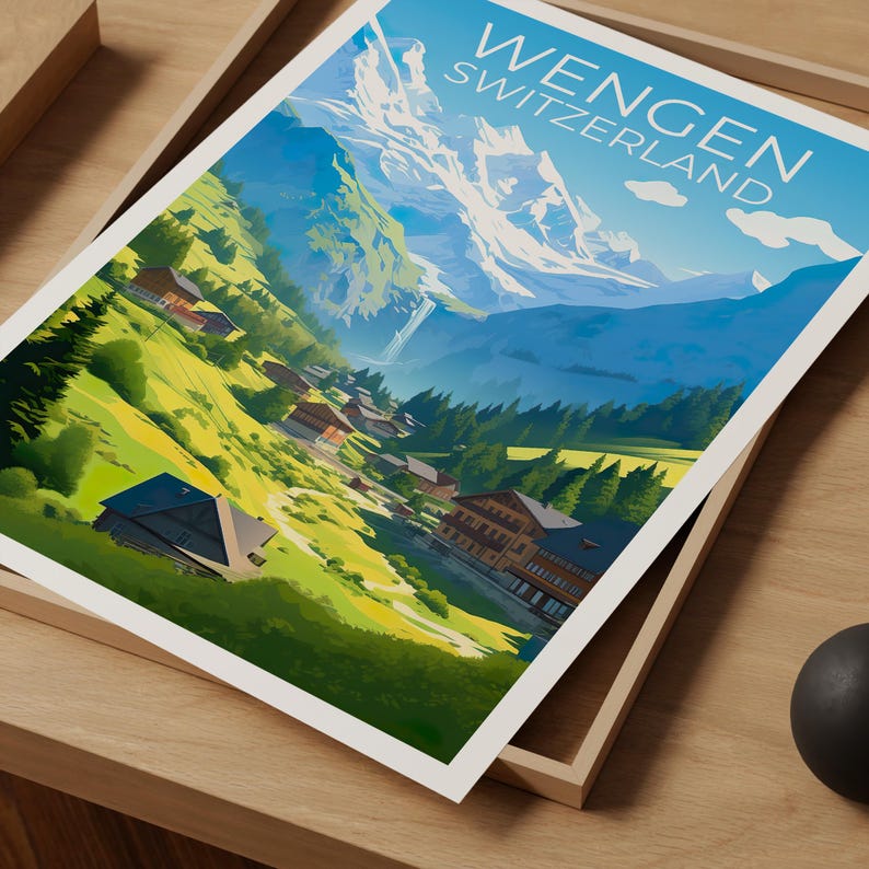 Wengen Travel Print Switzerland Poster Swiss Alps Wall Art Mountain Illustration Wengen Poster Home Decor Birthday Gift