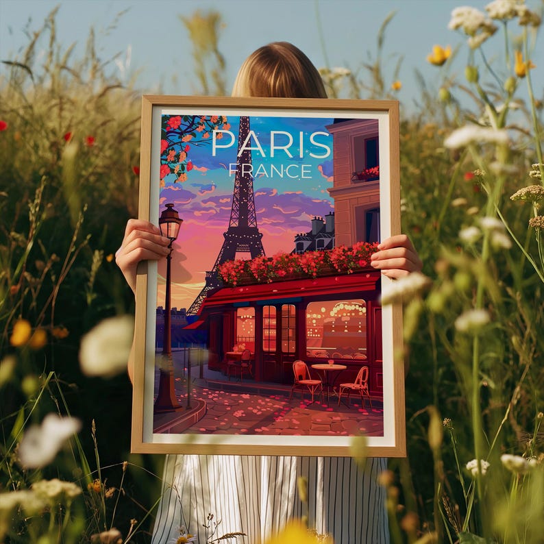 Paris Poster, France Print, Eiffel Tower Art, Europe Illustration, Romantic Travel Poster, Scenic Wall Art, Home Decor, Birthday Gift