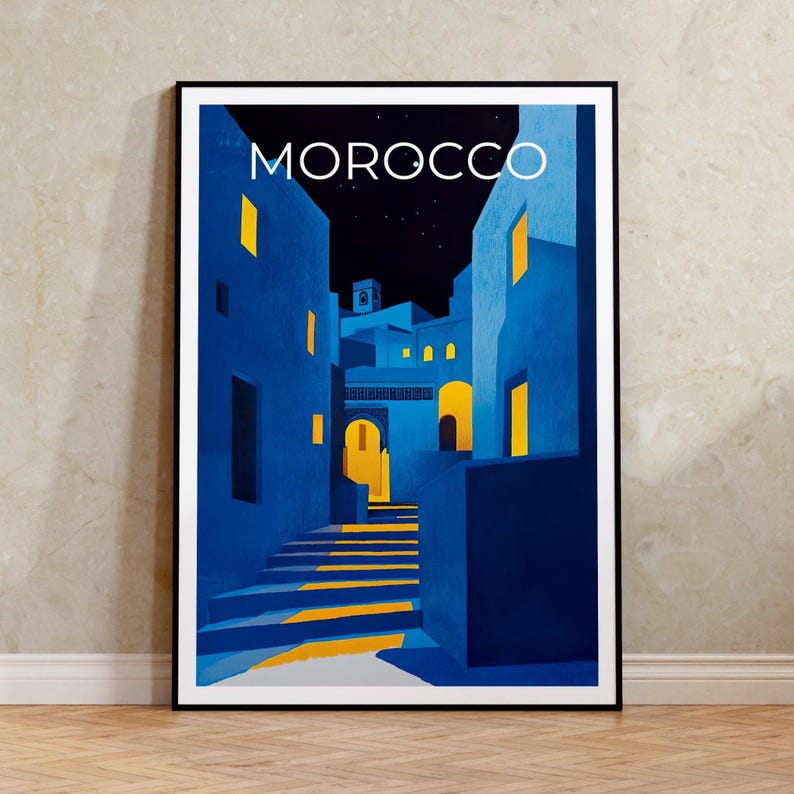 Morocco Poster, Chefchaouen Travel Print, North Africa Art, Middle East Illustration, Landscape Poster, Home Decor, Birthday Gift