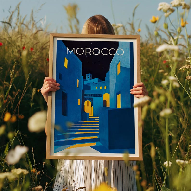 Morocco Poster, Chefchaouen Travel Print, North Africa Art, Middle East Illustration, Landscape Poster, Home Decor, Birthday Gift