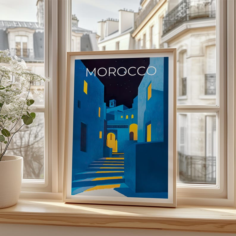 Morocco Poster, Chefchaouen Travel Print, North Africa Art, Middle East Illustration, Landscape Poster, Home Decor, Birthday Gift