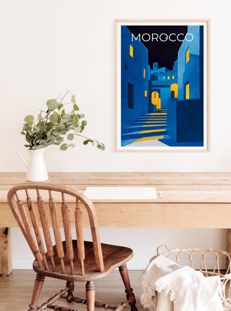 Morocco Poster, Chefchaouen Travel Print, North Africa Art, Middle East Illustration, Landscape Poster, Home Decor, Birthday Gift