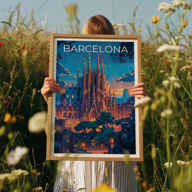 Barcelona Travel Poster, Spain Print, Sagrada Familia Wall Art, Barcelona Illustration, Barcelona Poster, Home Decor, Birthday Gift