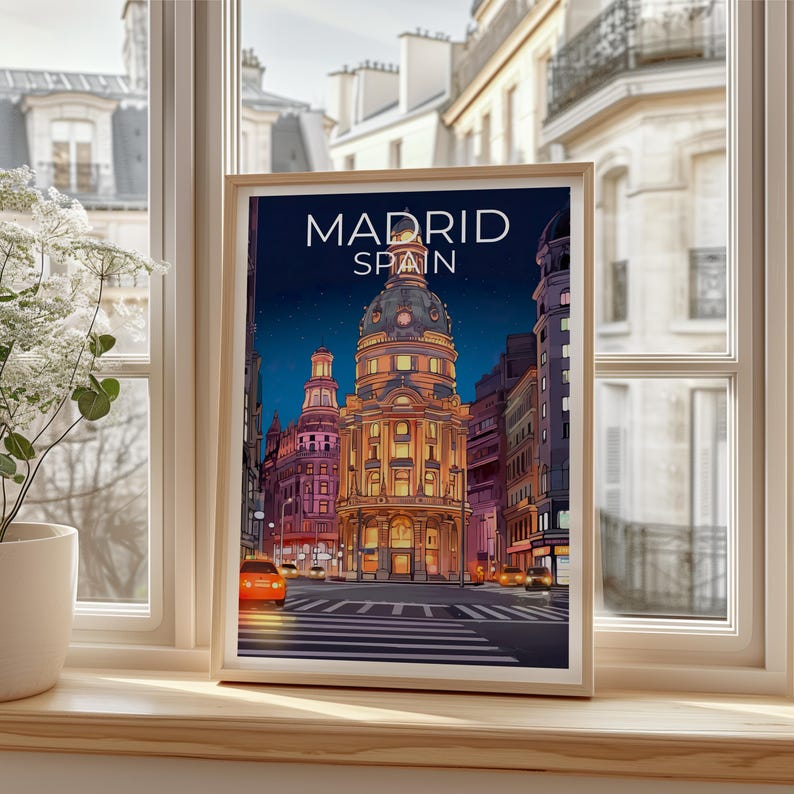 Madrid Travel Print, Spain Poster, Europe Wall Art, Gran Vía Illustration, Madrid City Poster, Home Decor, Birthday Gift
