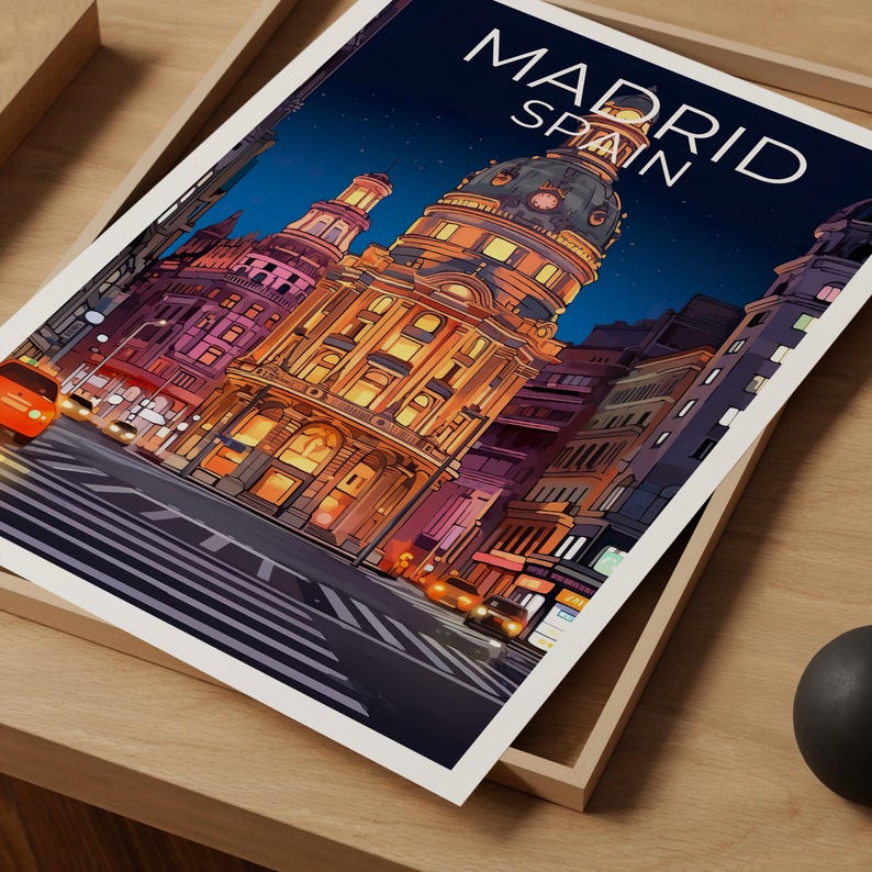 Madrid Travel Print, Spain Poster, Europe Wall Art, Gran Vía Illustration, Madrid City Poster, Home Decor, Birthday Gift